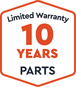 Limited warranty badge highlighting a 10-year parts guarantee.