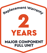 Replacement warranty badge highlighting a 2-year coverage for major components of a full unit.