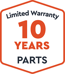 Limited warranty badge highlighting a 10-year parts guarantee.