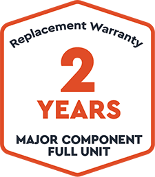 Replacement warranty badge highlighting a 2-year coverage for major components of a full unit.