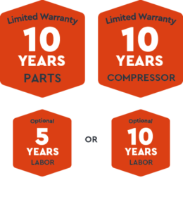 Warranty information highlighting 10 years for parts and compressor, with optional 5 or 10 years for labor.