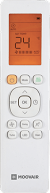 A white remote control for a Moovair system displaying a temperature of 24 degrees Celsius on an orange screen.