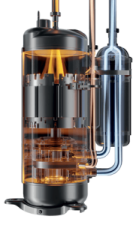 Moovair system with a transparent casing showcasing its internal components and fluid dynamics.