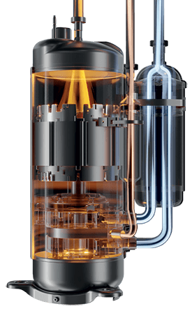 A detailed illustration of a transparent cylindrical compressor with glowing components and connected pipes.