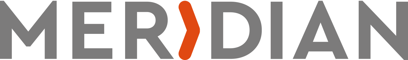 MERIDIAN logo featuring bold gray letters with an orange accent.