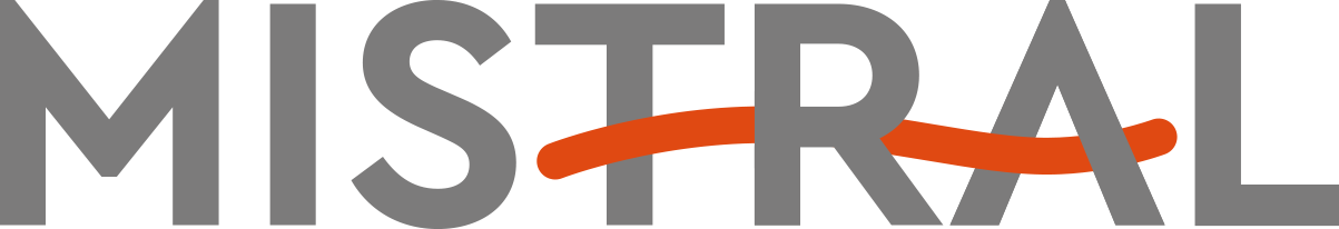 MISTRAL logo featuring bold gray letters with an orange swoosh.