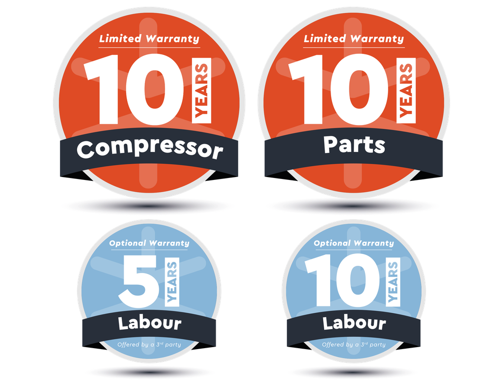 Warranty information featuring four circular badges: two orange for a 10-year warranty on the compressor and parts, and two blue for optional 5 and 10-year warranties on labor.