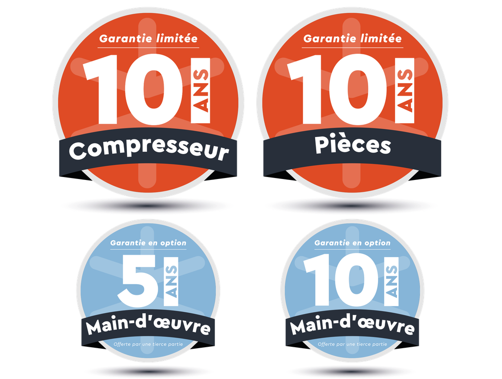 Garantie limitée de 10 ans pour le compresseur et les pièces, avec des options de 5 et 10 ans pour la main-d'œuvre.