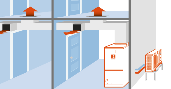 Moovair systems are depicted in a diagram showing air circulation through rooms with blue walls and doors.