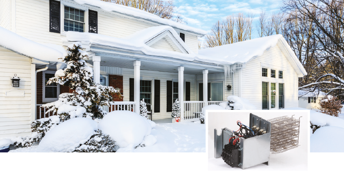 A snow-covered house with a porch and a Moovair system displayed in the corner.